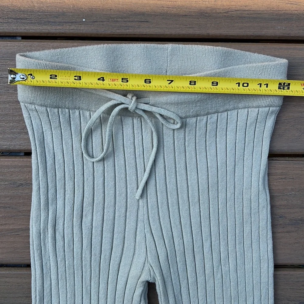 Beige Light Sage Ribbed Knit Lounge Pants Wide Waistband Flare Cozy Minimal - Picture 8 of 10